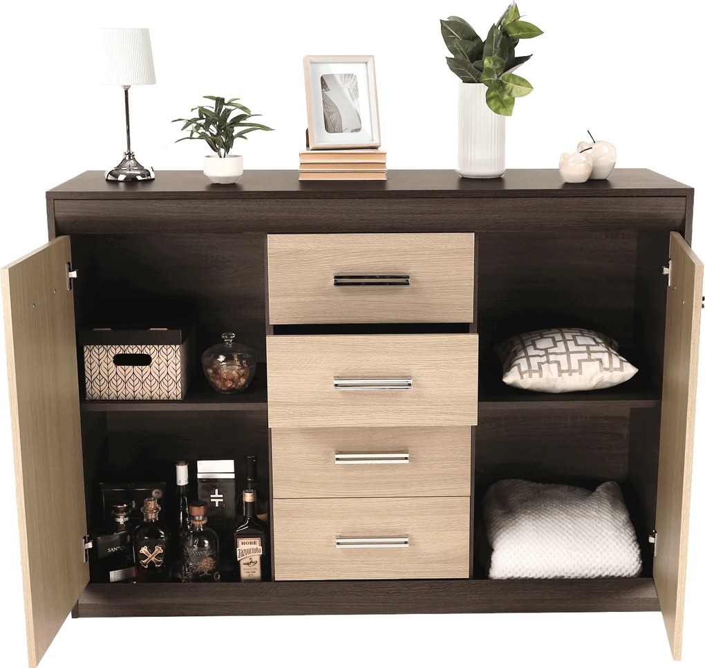 Komód, DTD/MDF, tölgy világos/tölgy sötét, KORINA