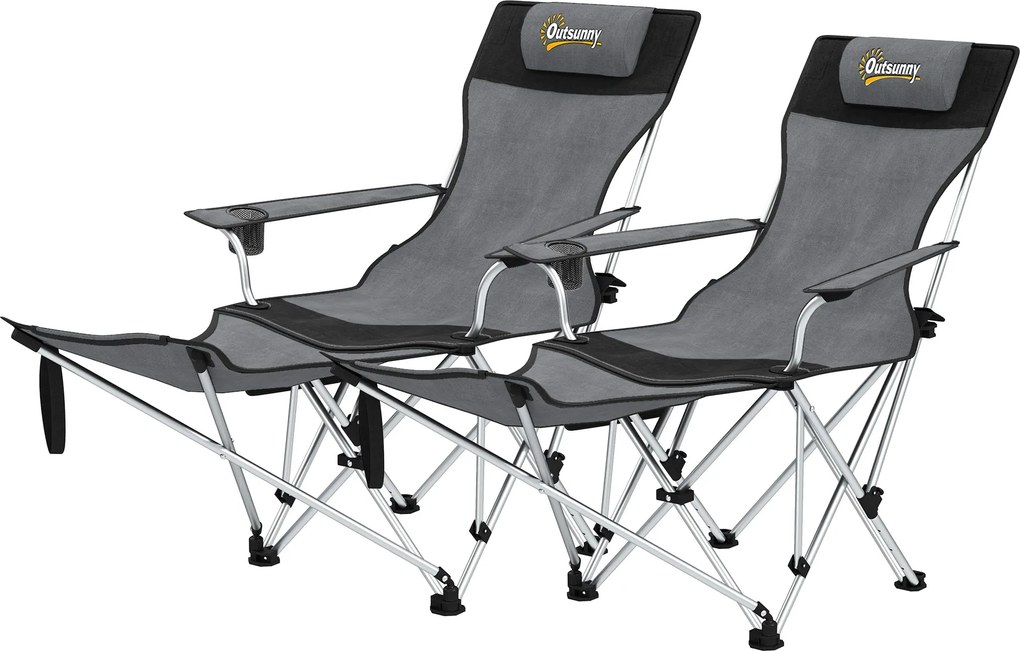 Outsunny 2 db-os Összecsukható Kemping Szék Készlet Hordozható Térdelőkkel, Párnázott Fejtámlával, Pohártartóval és Oldaltáskával 120 kg Teherbírású K