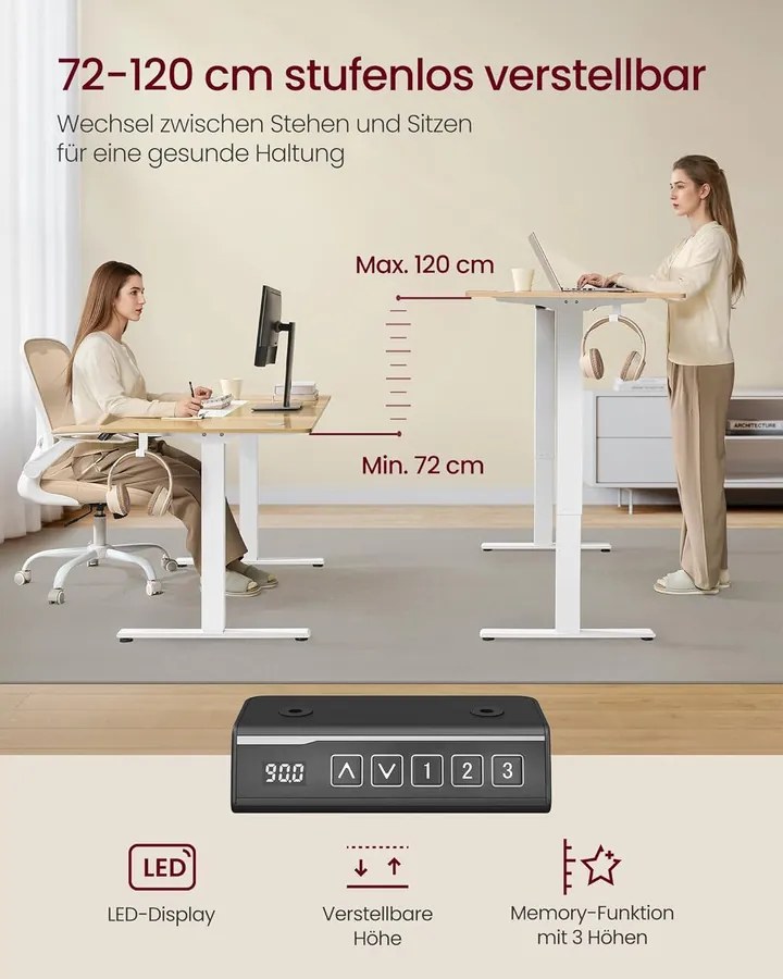 Elektromos Magasságban Állítható Asztalkeret, 59,6 x (90–140) x (72–120) cm, fehér