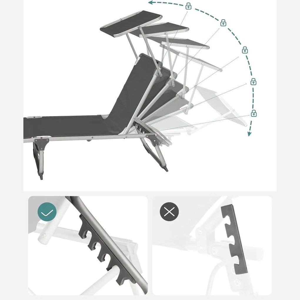 Napozóágy 55x193x31 cm, állítható napozóágy napellenzővel, füstszürke
