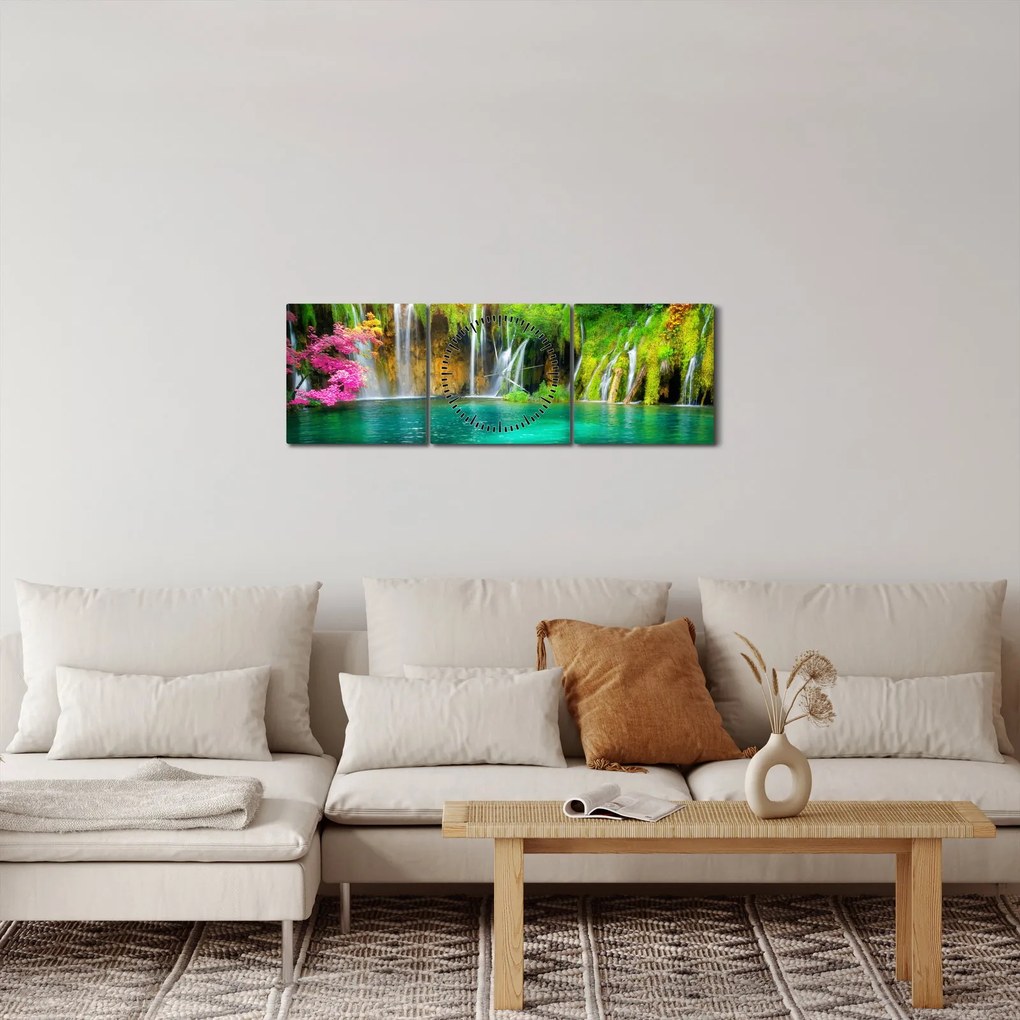Kép - vízesés, Plitvicei-tavak, Horvátország (órával) (90x30 cm)