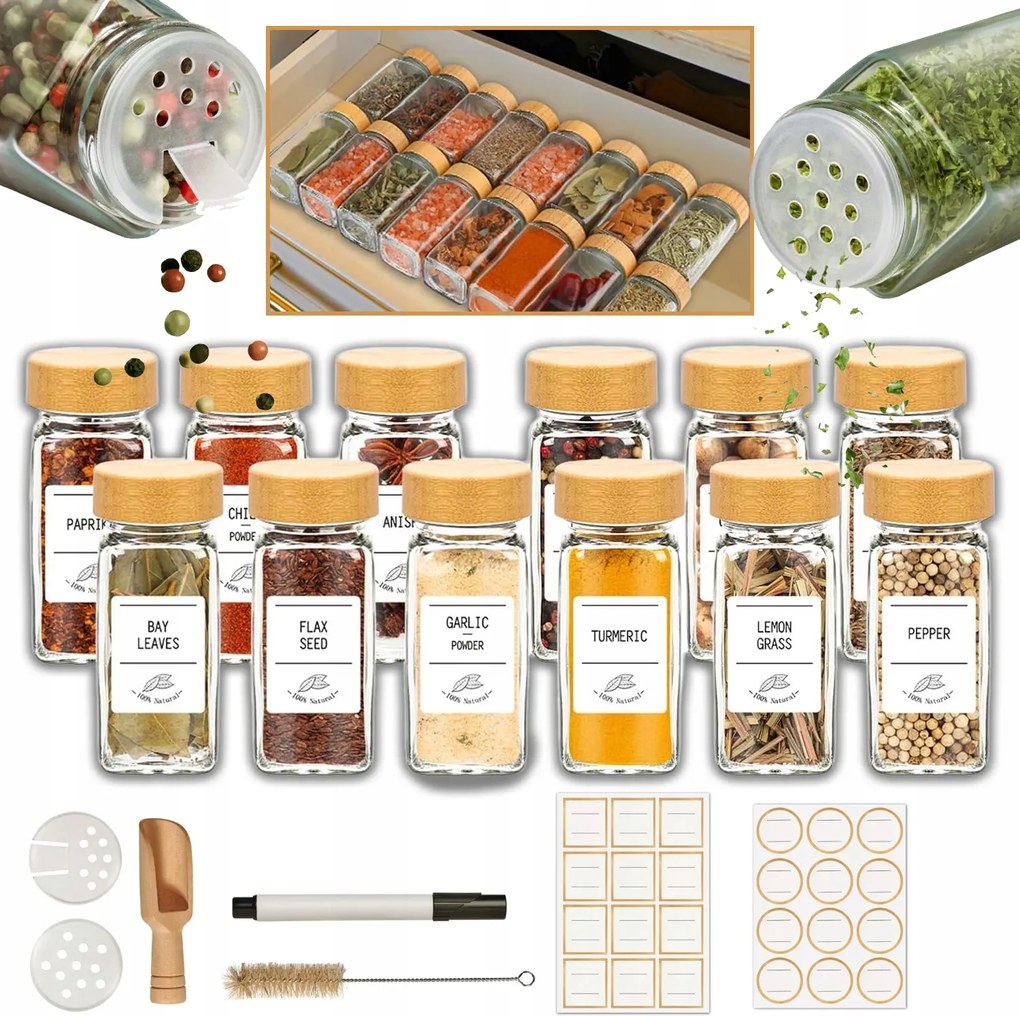Fűszertartó Tégelyek Csavaros Kupakkal 12 Db-os Készlet Különböző Rázófejekkel