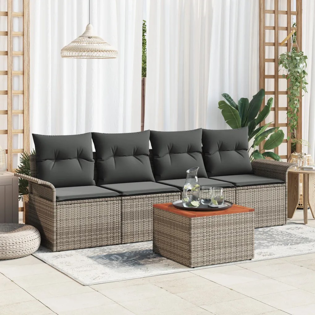 5 Darabos Kert Sofa Készlet Párnákkal Szürke Poli Rattan Akác, 2-Személyes Kert Sofa Tárolóval és Párnákkal Szürke Poli Rattan