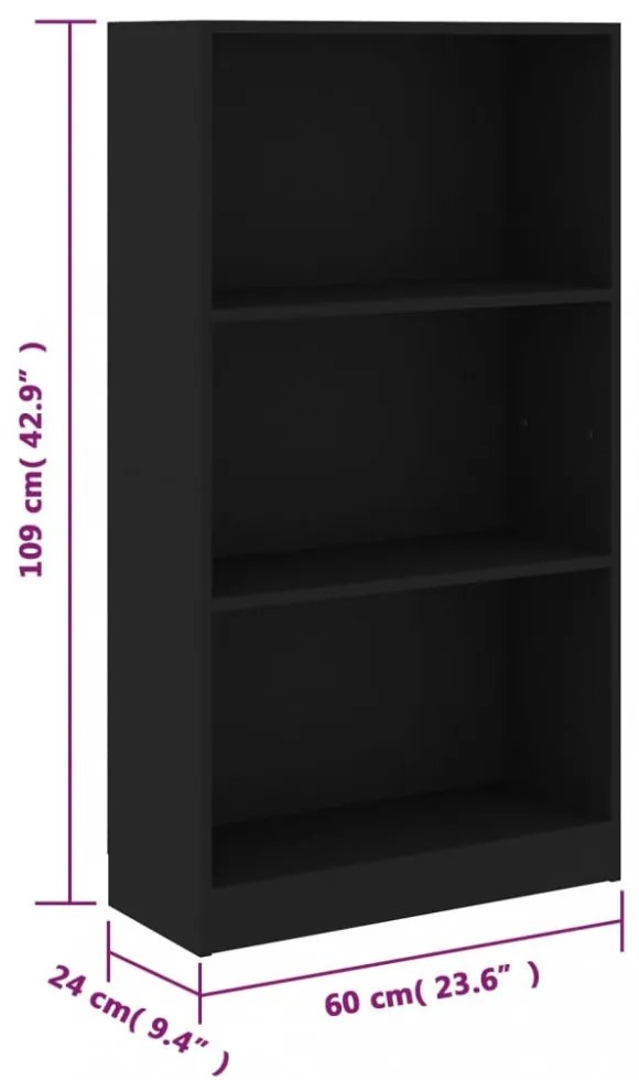 3 szintes fekete szerelt fa könyvszekrény 60 x 24 x 109 cm