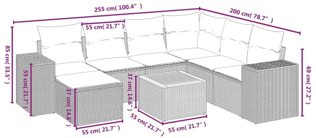 8 részes fekete polyrattan kerti ülőgarnitúra párnákkal