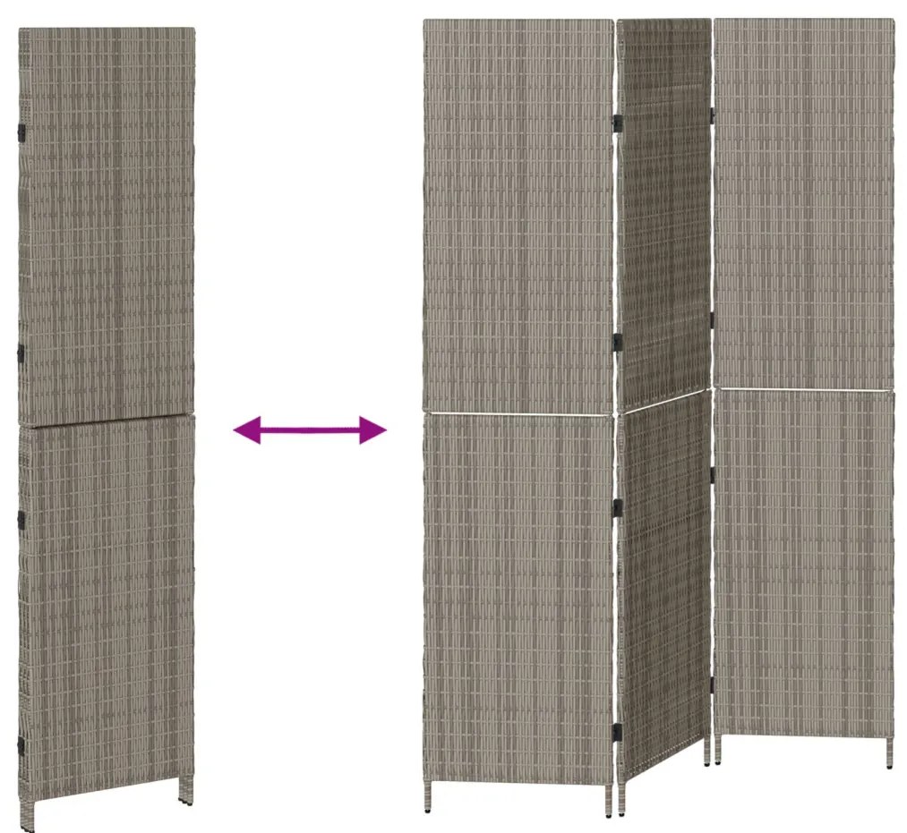 Szobaelválasztó 3 paneles Összecsukható Szürke 147x180 cm Poly Rattan