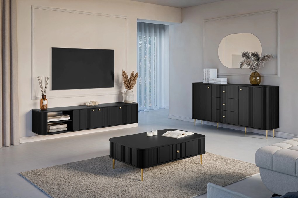 Vesper 3D fali TV szekrény 187 cm talapzaton - fekete / arany fogantyúk