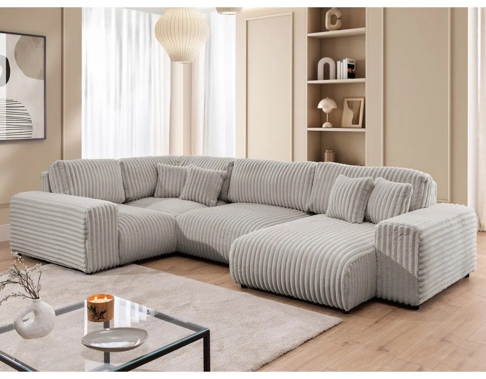 Világosszürke kordbársony sarokkanapé (bal oldali-U alakú) Justin – Ropez