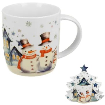 Karácsonyi hóemberes porcelán bögre fenyőfa díszcsomagolásban Snowman