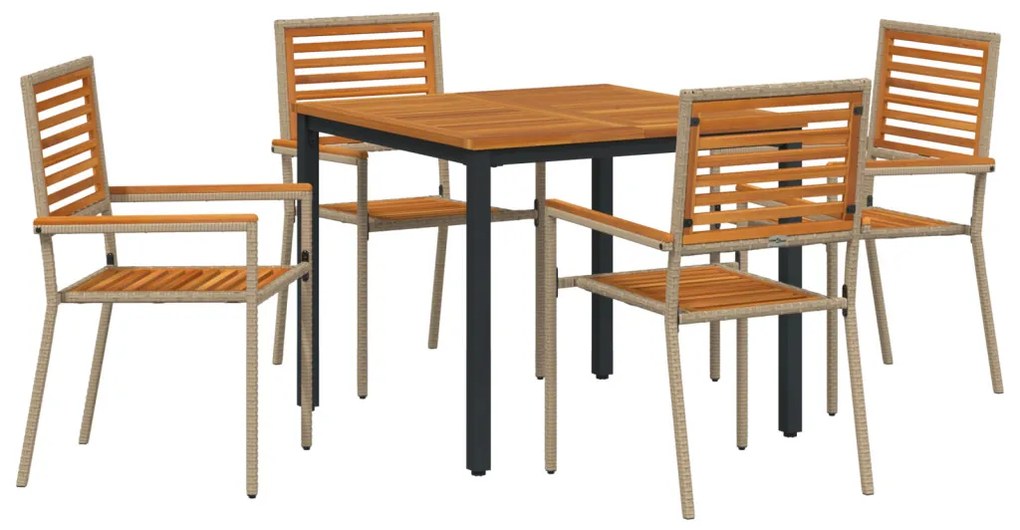 5 Darabos Kerti Étkezőkészlet Bézs Poli Rattan Akácia, Rakható Kerti Székek Párnával - 2-es Készlet Bézs Poli Rattanban, Kerti Asztal 90x90x75 cm Szilárd Akácfából és Fém