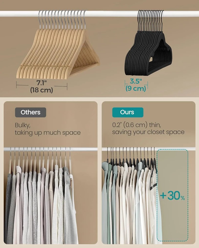 SONGMICS bársony vállfák, 50 darabos ruhafogas készlet, tintafekete