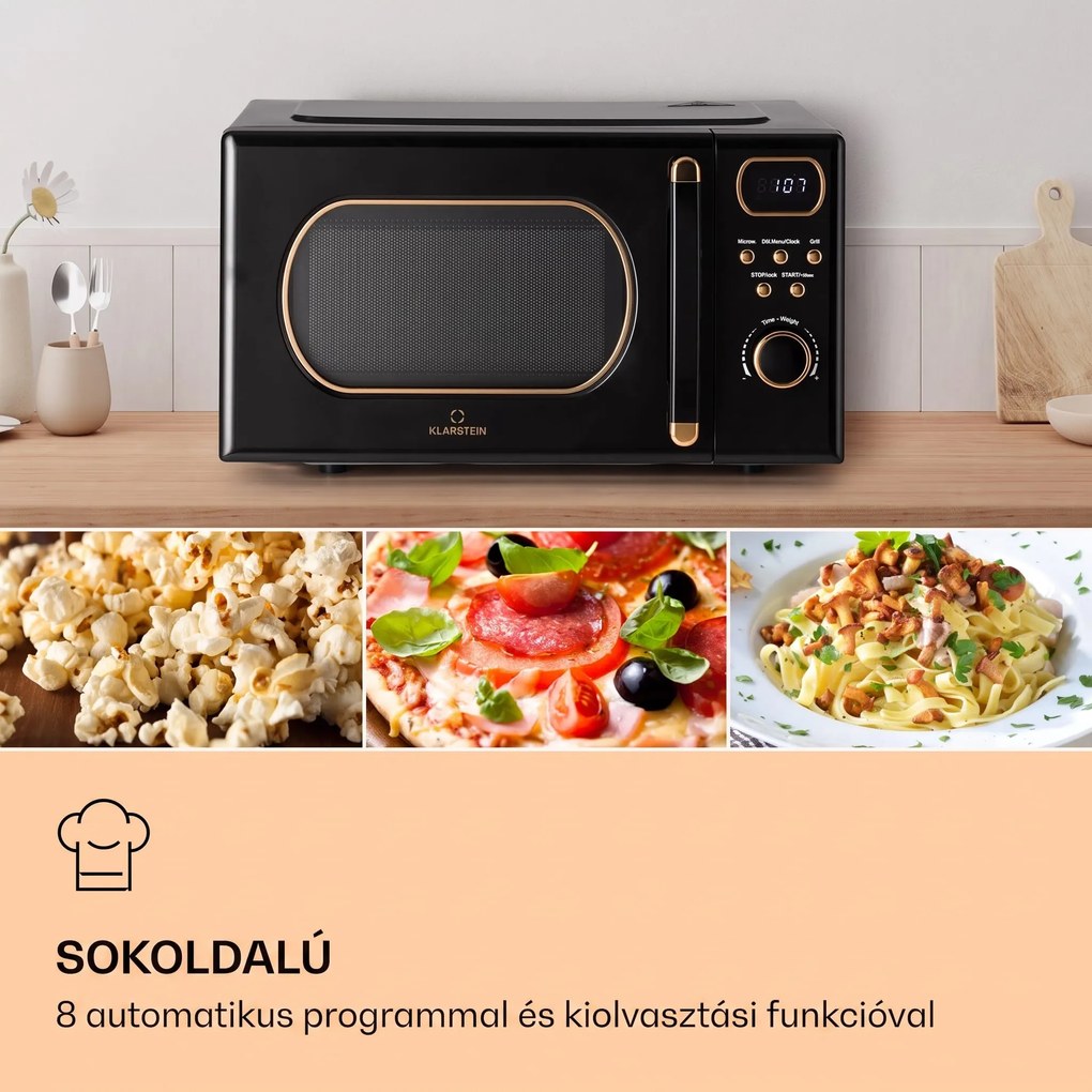 Klarstein Julieta, mikrohullámú sütő grillel, 20 l, 700 / 800 W, Ø 25,5 cm, 8 program