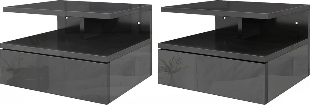 HOMCOM 2 db Fali Éjjeliszekrény, Modern Hálószoba Éjjeliszekrény Fiókkal és Felső Polccal, 35x32x22,5 cm, Fényes Fekete | Aosom