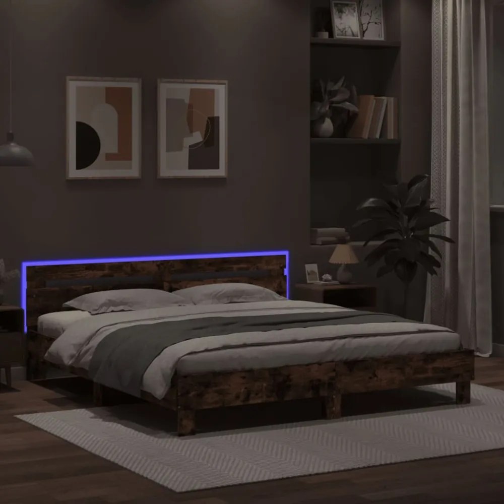 füstös tölgy színű ágykeret fejtámlával és LED-del 180 x 200 cm
