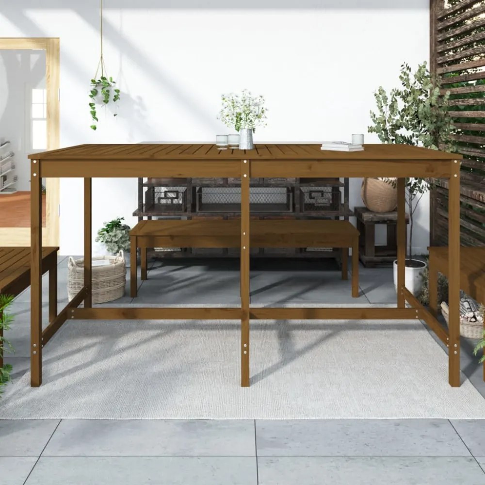 mézbarna tömör fenyőfa kerti asztal 203,5x90x110 cm