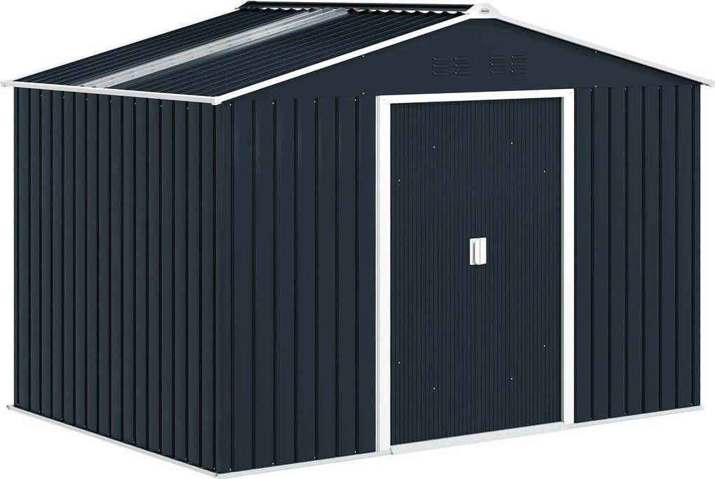 Outsunny Tároló Sátor 4,9 m², Kerti Sátor Párkányos Tetővel, Tolóajtóval, Alapzattal, 277 x 195 x 192 cm, Szerszámtároló Horganyzott Acélból, Időjárás