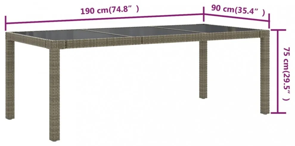 szürke polyrattan és edzett üveg kerti asztal 190 x 90 x 75 cm
