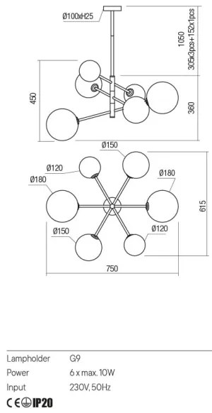 Redo 01-2780 - Csillár zsinóron ROY 6xG9/10W/230V