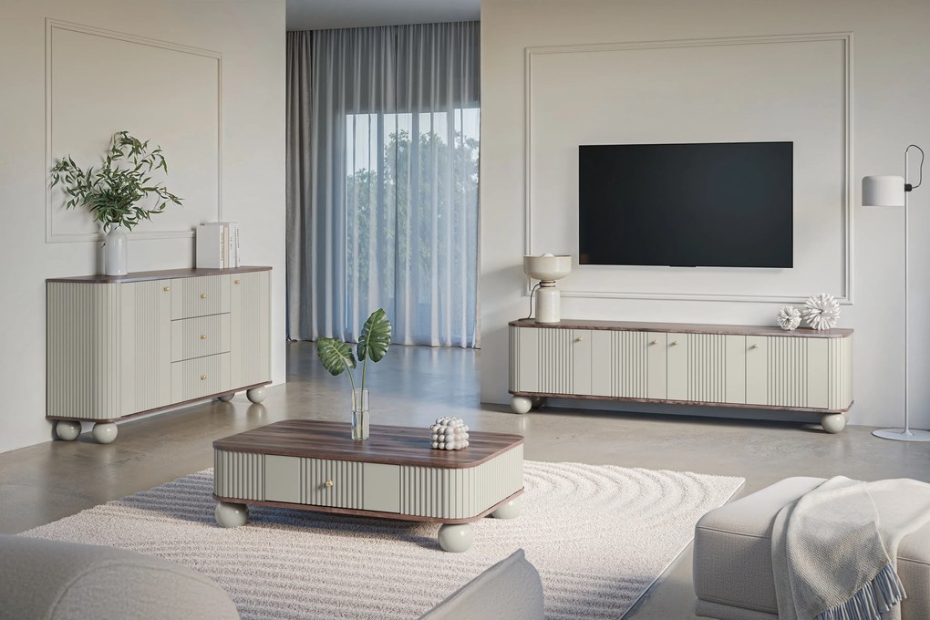 Vesper 4D TV-szekrény 187 cm - kasmír / diófa / arany fogantyúk / gömb alakú lábak