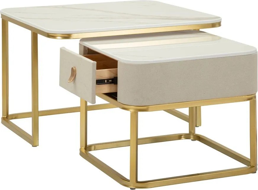 Krémszínű-aranyszínű dohányzóasztal szett márvány dekorral, 2 db-os 50x70 cm Beauty – Mauro Ferretti
