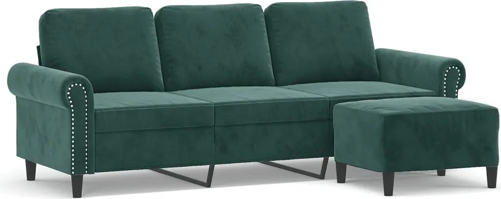 vidaXL 3 személyes sötétzöld bársony kanapé lábtartóval 180 cm