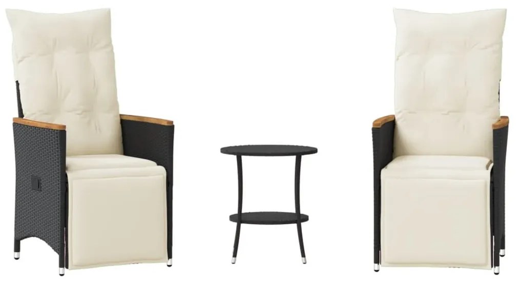 3 részes fekete polyrattan bisztrógarnitúra párnával