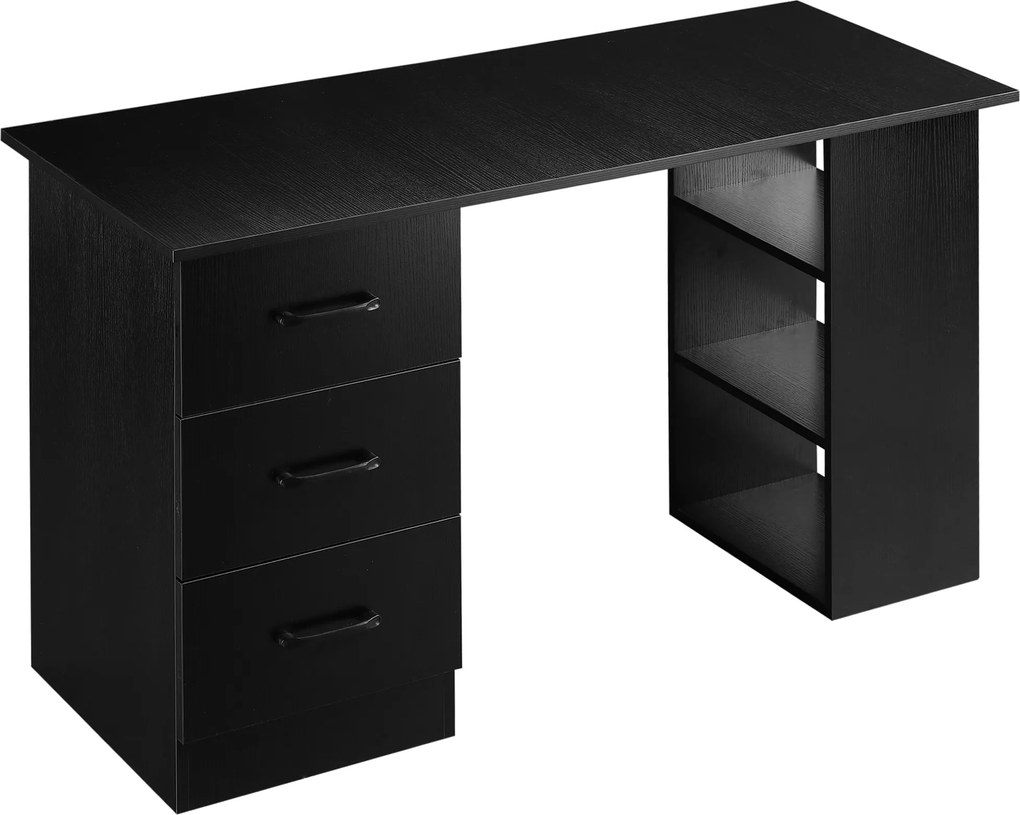 HOMCOM számítógép íróasztal 3 fiókkal és 3 polccal, íróasztal hálószobába és irodába 120x49x72cm, Fekete | Aosom