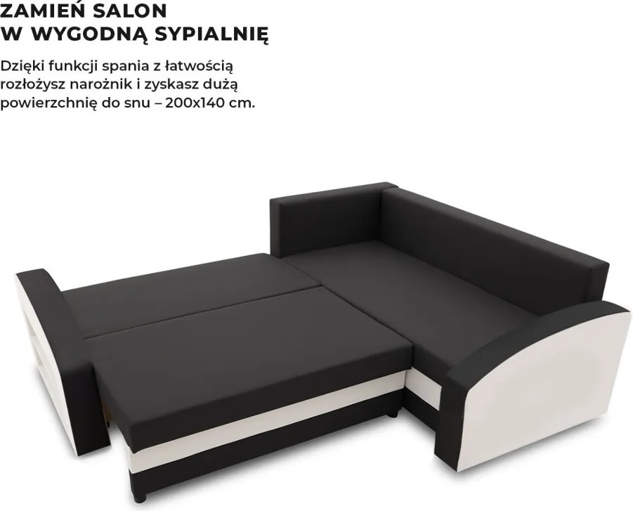 Grande sarokkanapé polcokkal , polc a bal karfaban, jobboldali, szövet anyag, hab töltet, fekete - fehér