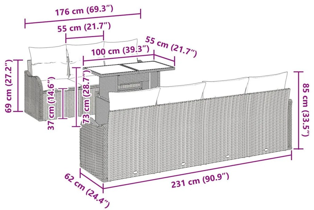 8 db-os Kerti Kanapé Szett Párnákkal Szürke Poli Rattan, 2-Személyes Kerti Kanapé Párnákkal Szürke Poli Rattan