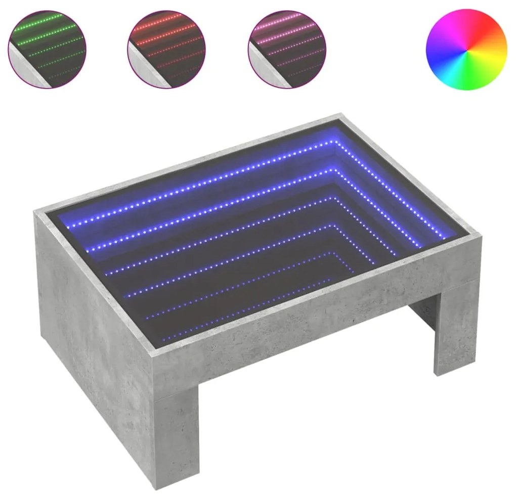 Betonszürke végtelen hatású LED-es dohányzóasztal 70x50x30 cm