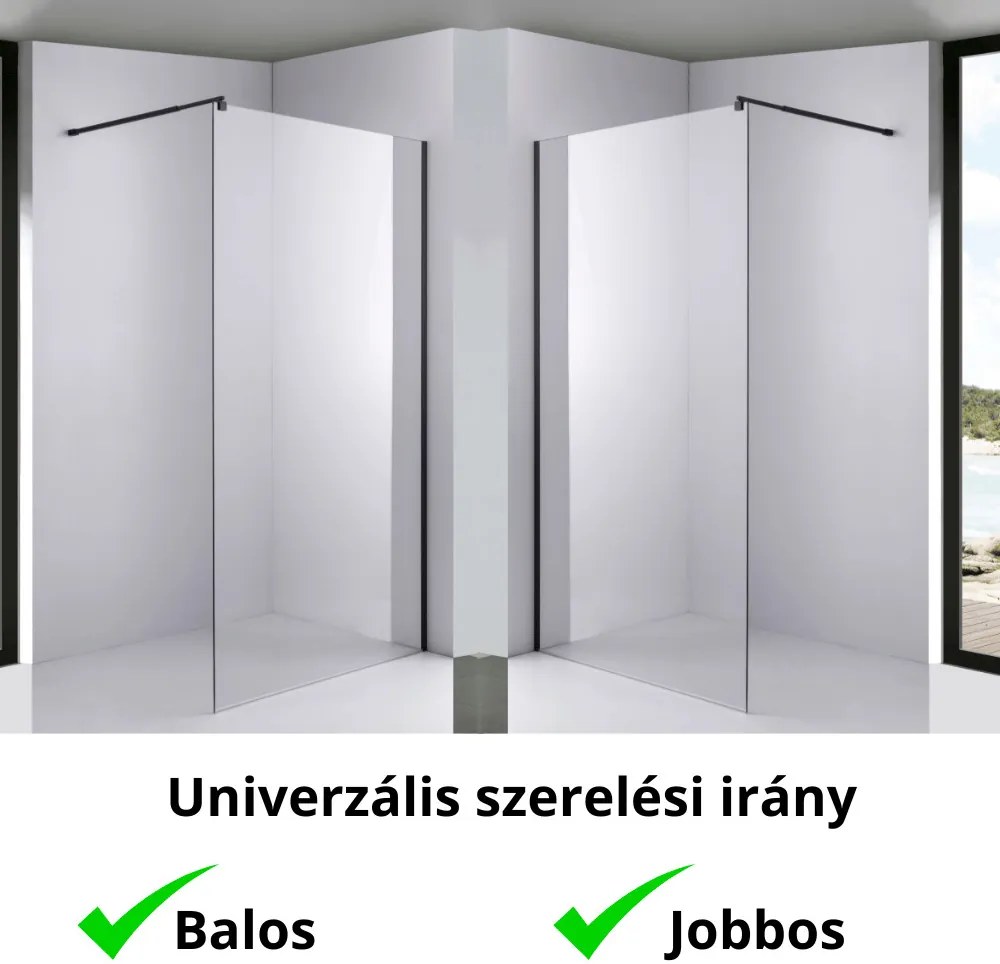 Stuxi Milano Black Walk-in zuhanyfal, 110x200 cm, 8 mm vastag vízlepergető biztonsági üveggel, fekete profillal és távtartóval