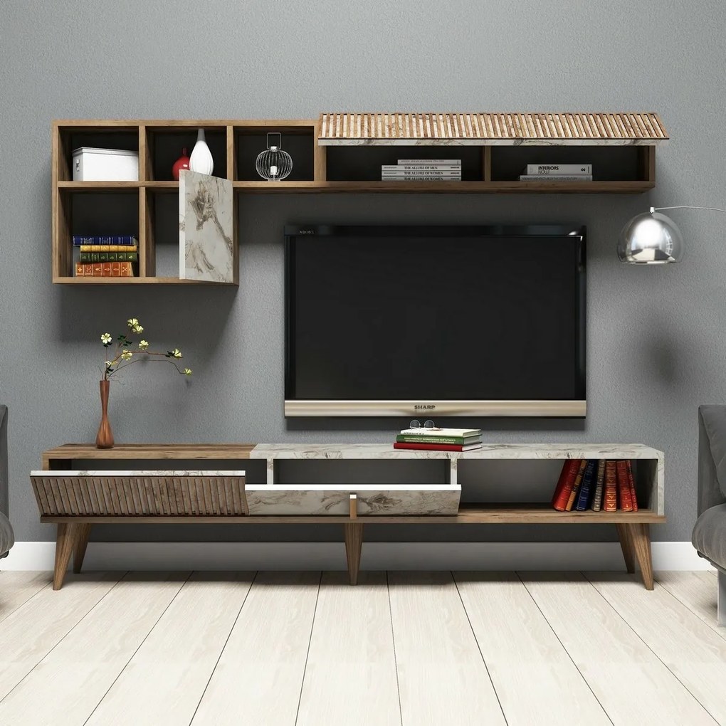 Milan Walnut and White Marble TV fal