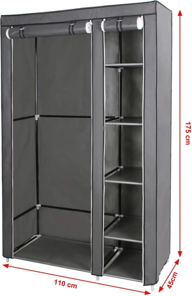 Szövet ruhatároló szekrény hordozható gardrób, szürke 110x45x175cm