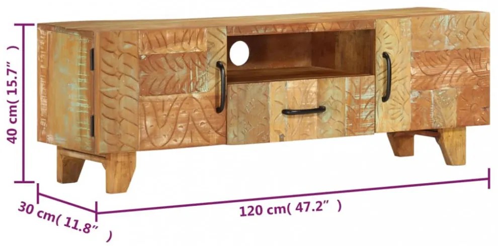 tömör újrahasznosított faragott fa TV-szekrény 120x30x40 cm