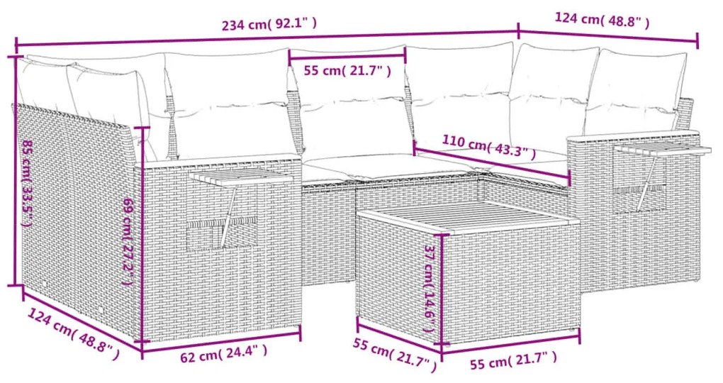 7 részes fekete polyrattan kerti ülőgarnitúra párnával