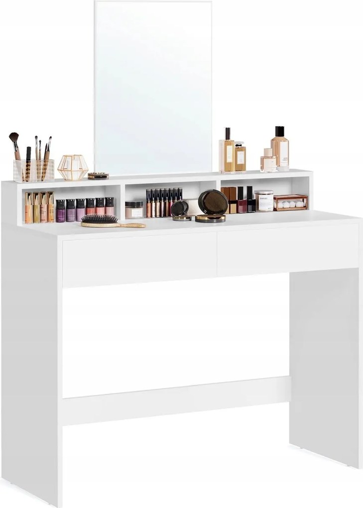 Modern fehér fésülködőasztal Glamour tükörrel 3 nyitott polc 2 fiók