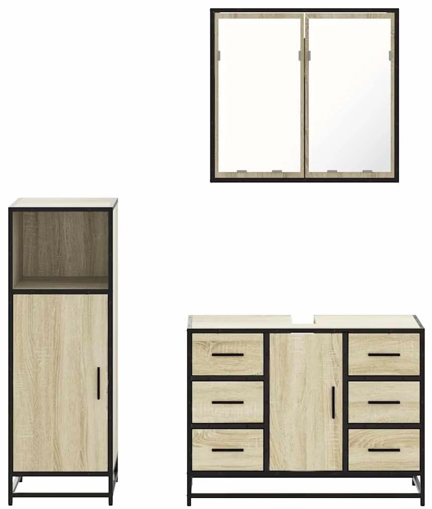 3 részes sonoma tölgyszínű szerelt fa fürdőszobai bútorszett