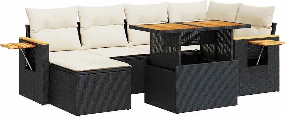 vidaXL 7 részes fekete polyrattan akácfa kerti ülőgarnitúra párnával