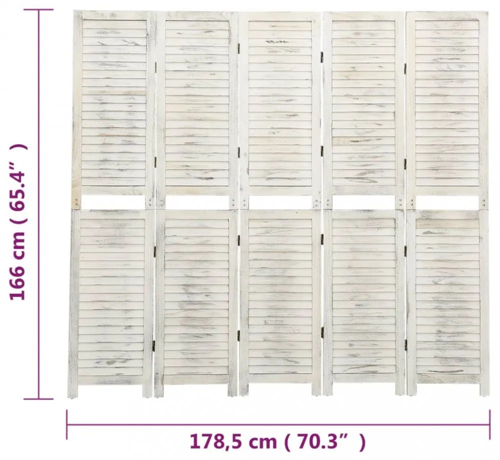 antik fehér 5 paneles tömör faparaván 178,5 x 166 cm
