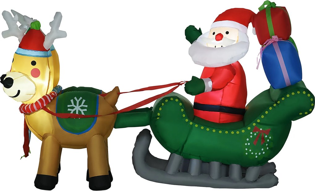 HOMCOM Karácsonyi Inflatable Díszítés Mikulással és 2 Rénszarvassal - Karácsonyi Díszítés 4 LED Fénnyel Kertre és Teraszra 210 cm x 70 cm x 125 cm | A