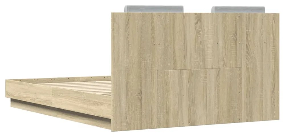 sonoma tölgy színű ágykeret fejtámlával és LED-ekkel 135x190 cm