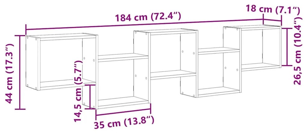 kézműves tölgy színű szerelt fa fali kockapolc 5 rekeszes színű