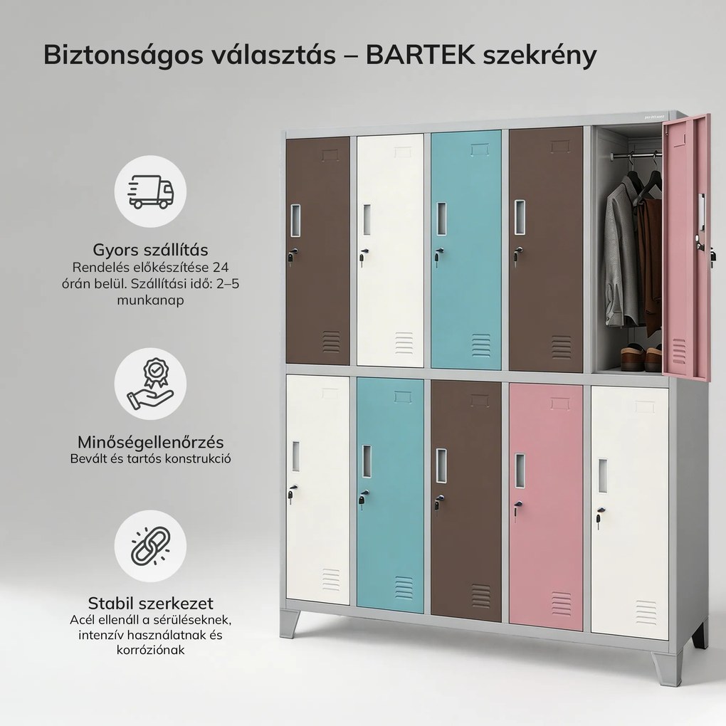 BOZP öltözőszekrény 10 ajtós szürke-pasztell: BARTEK 1360 x 1720 x 450 mm