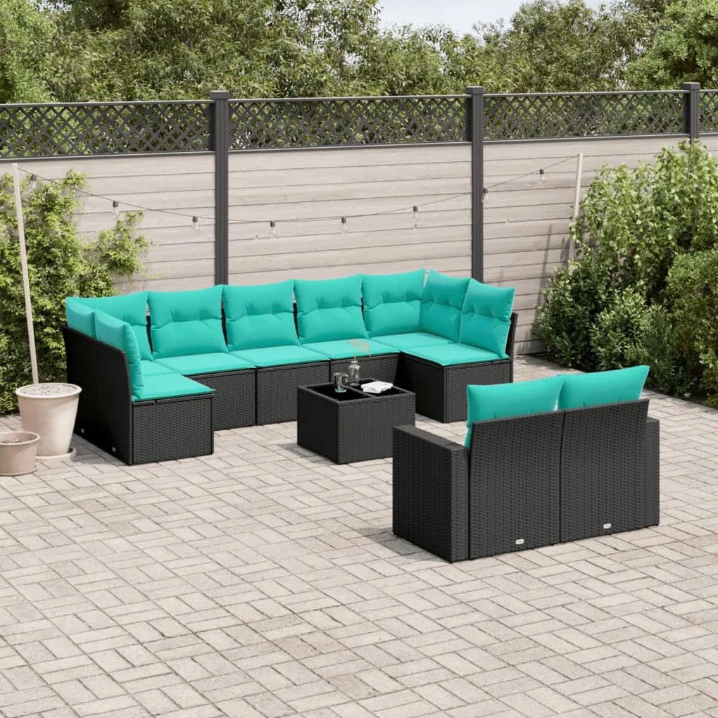 10 részes fekete polyrattan kerti ülőgarnitúra párnával