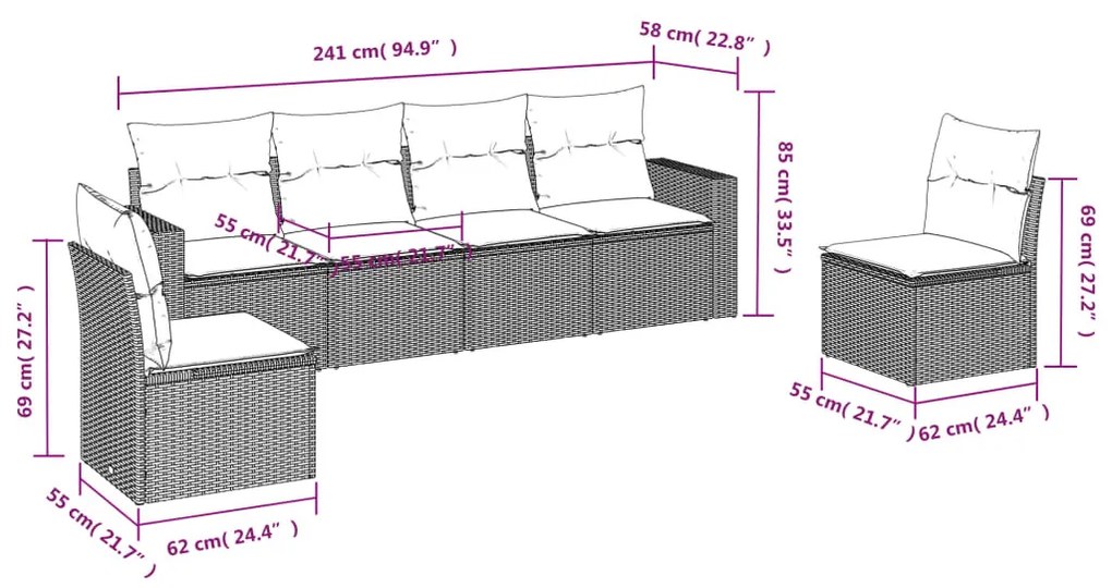 6 részes szürke polyrattan kerti ülőgarnitúra párnákkal