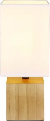 Globo 21628W Asztali lámpa natúr fa, fehér textil, fekete PVC kábel, billenőkapcsoló a kábelen, HxSzxM: 120x120x300mm, kábelhossz 1500mm, nem tartozék: 1x E27 7W 230V