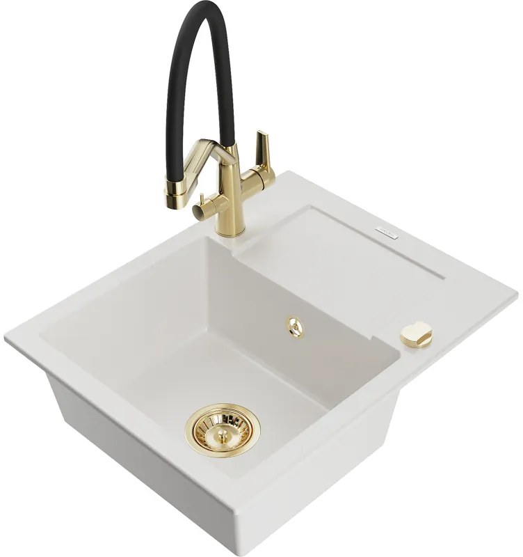 Mexen Enzo gránit mosogatótálca, 1 medencés, csepegtetővel és Duo konyhai csappal, fehér - 6506-20-671701-57-G