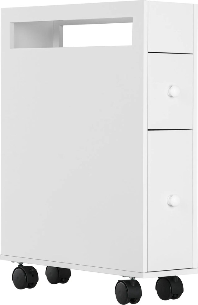 kleankin Fürdőszoba Helytakarékos Szekrény 4 Kerekekkel, 2 Fiókkal és Nyitott Polccal, 16x49.5x66cm, Fehér | Aosom