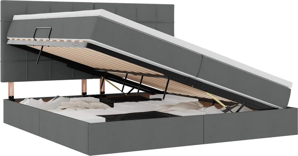 vidaXL Ágy tárolóval és matraccal Sötétszürke 200 x 200 cm Poliészter