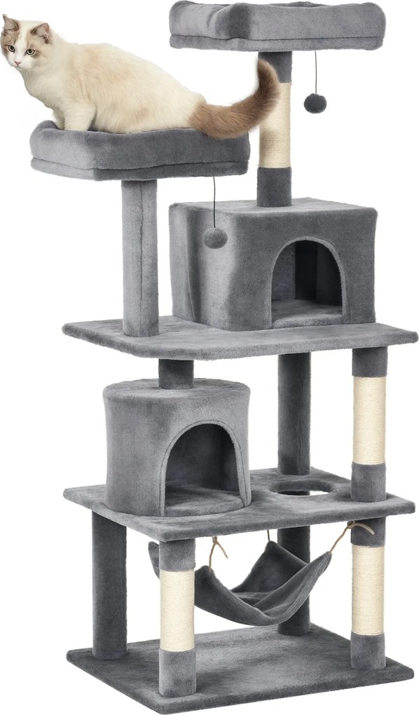 PawHut Nagy Macska Kaparófája Fa 145 cm, Macska Fa Hálóval, Mászófa Macskáknak, Macska Kaparófás Bútor Alagutakkal, Szürke | Aosom